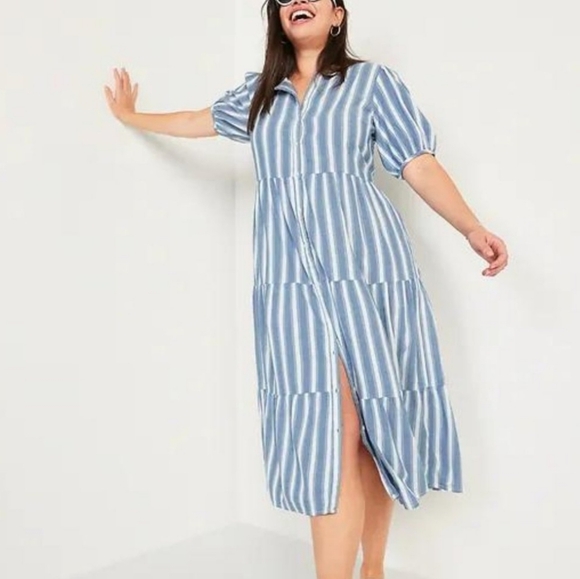 Old Navy Striped Puff Sleeve Tiered Cotton Pockets Button Front Dress Sz XXL - Picture 3 of 12